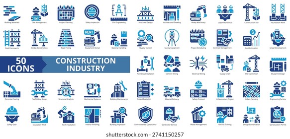 construction industry icon set flat style illustration. containing site management, design coordination, project planning, civil engineering, safety inspection, survey equipment, cost estimation