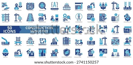 construction industry icon set flat style illustration. containing site management, design coordination, project planning, civil engineering, safety inspection, survey equipment, cost estimation