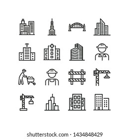 Construction industry icons. Set of line icons. City skyscrapers, urban landscape. Building concept. Vector illustration can be used for topics like business, construction, city planning