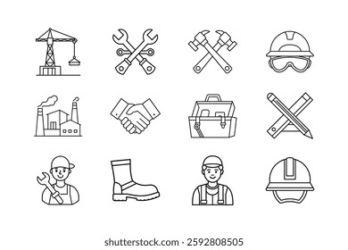 Construction Industry Icons Tools, Workers, Safety Gear, and Teamwork