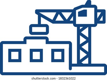 Construction industry isolated on white background. The icon of a crane working at a construction site lifts a building block to the roof of the building. Vector illustration. Flat infographics.