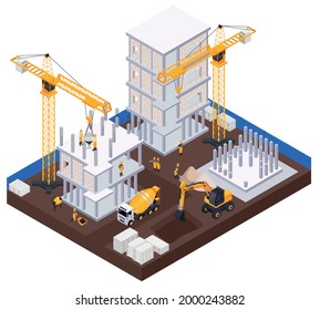 Construction industry isometric concept with equipment and materials symbols vector illustration