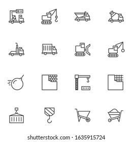 Construction industry line icons set. linear style symbols collection, outline signs pack. vector graphics. Set includes icons as concrete mixer truck, crane, brick wall, wrecking ball crane, trolley