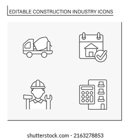 Construction industry line icons set. Manufacturing of buildings materials, types of houses. Business concepts. Isolated vector illustrations. Editable stroke