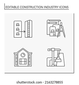 Zeilensymbole der Bauindustrie eingestellt. Herstellung von Gebäudematerialien, Häusertypen. Unternehmenskonzepte. Einzige Vektorgrafiken. Bearbeitbarer Hub