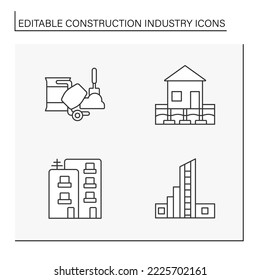 Zeilensymbole der Bauindustrie eingestellt. Herstellung von Gebäudematerialien, Häusertypen. Unternehmenskonzepte. Einzige Vektorgrafiken. Bearbeitbarer Hub
