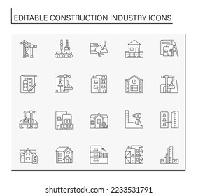 Construction industry line icons set. Manufacturing of buildings materials, types of houses. Business concepts. Isolated vector illustrations. Editable stroke