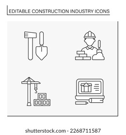 Construction industry line icons set. Manufacturing of buildings materials, types of houses. Business concepts. Isolated vector illustrations. Editable stroke