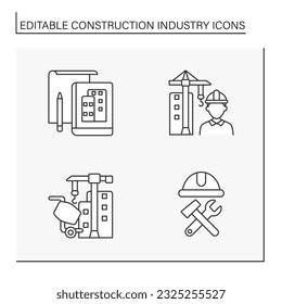 Construction industry line icons set. Manufacturing of buildings materials, types of houses. Business concepts. Isolated vector illustrations. Editable stroke