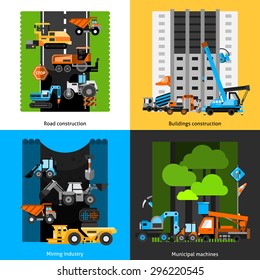 Construction industry and machines icons set with mining roads and buildings flat isolated vector illustration 