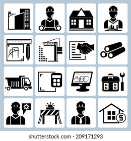 construction industry management icons set, civil engineering and management icons