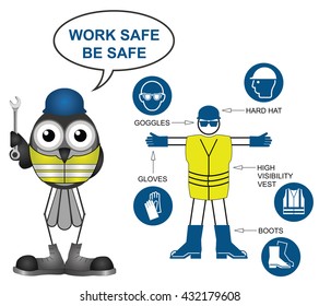 Construction industry mandatory personal protection equipment contractor and icons to current British Standards with work safe be safe message isolated on white background