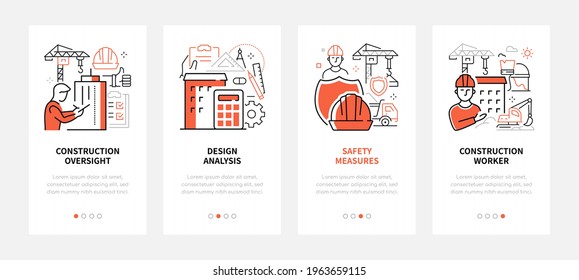 Construction industry - modern line design style web banners with copy space for text. Oversight, analysis, safety measures, worker carousel posts. Building, engineering and architecture idea