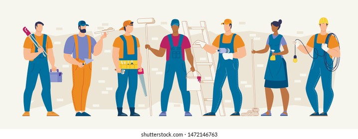 Construction Industry Professions and Workforce Flat Vector Concept with Various Specialties Male and Female Workers in Uniform Standing in Row with Work Tools and Equipment in Hands Illustration