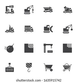Construction industry vector icons set, modern solid symbol collection, filled style pictogram pack. Signs, logo illustration. Set includes icons as concrete mixer truck, crane, brick wall, trolley