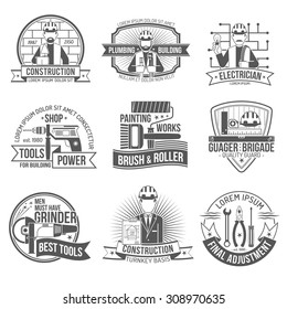 Construction industry and work industry premium quality label set isolated vector illustration