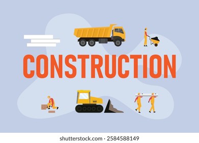 Construction Industry – Workers and Heavy Equipment in Action 2d flat vector illustrations