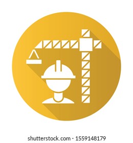 Construction industry yellow flat design long shadow glyph icon. Building sector. Crane builder in helmet. Construction housing, infrastructure. Real estate development. Vector silhouette illustration