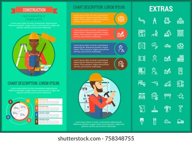 Construction infographic template, elements and icons. Infograph includes customizable graphs, charts, line icon set with construction worker, builder tools, repair person, house building etc.