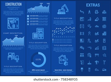 Infografische Bauvorlage, Elemente und Symbole. Infograph beinhaltet anpassbare Grafiken, Diagramme, Liniensymbole mit Bauarbeiter, Bauwerkzeuge, Reparaturwerkzeuge, Hausbau etc.