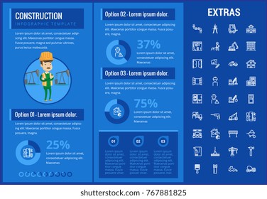 Construction infographic template, elements and icons. Infograph includes customizable graphs, charts, line icon set with construction worker, builder tools, repair person, house building etc.