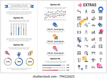 Construction infographic template, elements and icons. Infograph includes customizable graphs, four options, line icon set with construction worker, builder tools, repair person, house building etc.