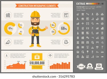 Construction infographic template and elements. The template includes illustrations of hipster men and huge awesome set of thin line icons. Modern minimalistic flat vector design.