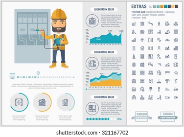 Construction infographic template and elements. The template includes illustrations of hipster men and huge awesome set of thin line icons. Modern minimalistic flat vector design.