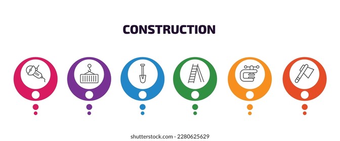 construction infographic template with icons and 6 step or option. construction icons such as angle grinder, derrick with load, short shovel, double ladder, vise, inclined ax vector. can be used for