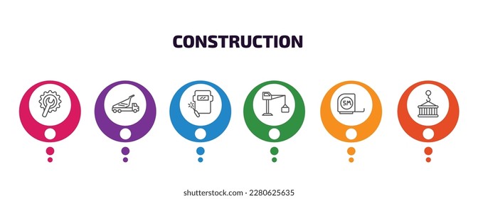 plantilla de infografía de construcción con iconos y 6 pasos o opción. íconos de construcción como llave y equipo, camión de vertederos, soldadura, derrick grande con cajas, regla de cinco metros, derrick con paleta
