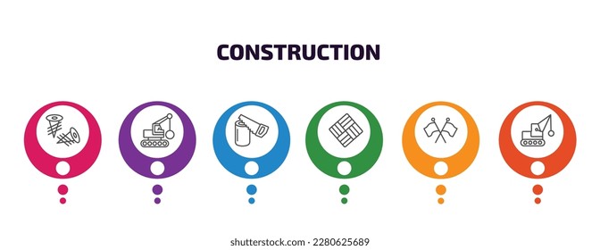 construction infographic template with icons and 6 step or option. construction icons such as two screws, derrick with ball, wood saw, paver, flags crossed, demolition vector. can be used for