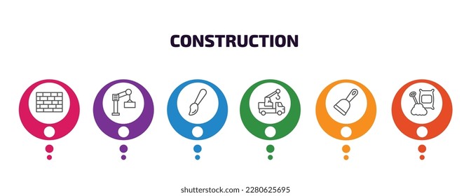 plantilla de infografía de construcción con iconos y 6 pasos o opción. íconos de construcción como ladrillo, derrick con cajas, cepillo, camión con grúa, rastrillo, vector de cemento. puede utilizarse para banner,