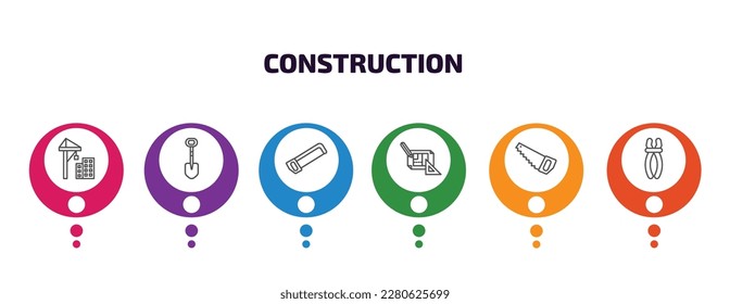 construction infographic template with icons and 6 step or option. construction icons such as constructions, interior de, hacksaw, construction plan, big saw, inclined clippers vector. can be used