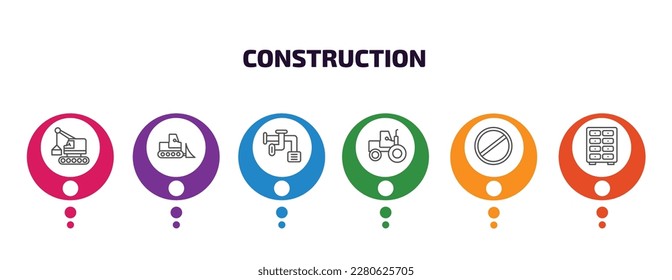 construction infographic template with icons and 6 step or option. construction icons such as derrick with box, bulldozer, adjustment system, steamroller, stopping, big clo vector. can be used for