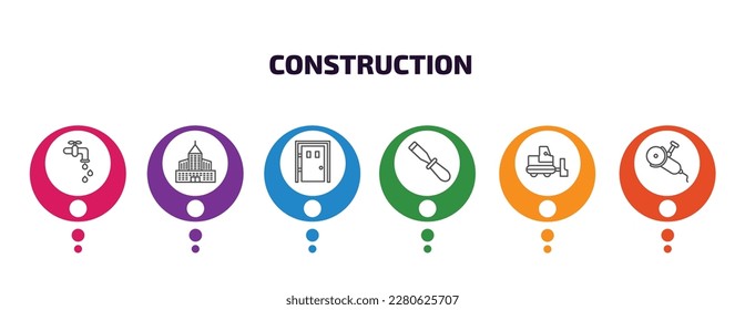 construction infographic template with icons and 6 step or option. construction icons such as stopcock, big building, big door, chisel, little snowplow, grinder vector. can be used for banner, info