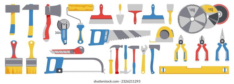 Colección de herramientas de instrumentos de construcción en un diseño plano. Ax, sierra, martillo, alicates, cuchillo, cinta métrica, escobilla