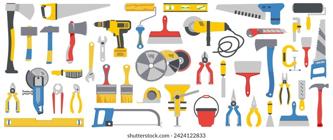 Construction instrument tools collection in a flat design. Axe, saw, hammer, pliers, knife, tape measure, brush