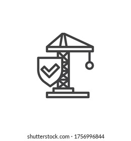 Construction insurance line icon. linear style sign for mobile concept and web design. Construction crane and protection shield outline vector icon. Symbol, logo illustration. Vector graphics