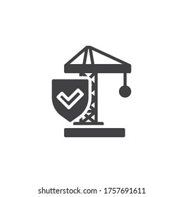 Construction insurance vector icon. filled flat sign for mobile concept and web design. Construction crane and protection shield glyph icon. Symbol, logo illustration. Vector graphics
