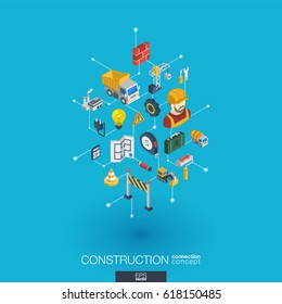 Construction integrated 3d web icons. Digital network isometric interact concept. Connected graphic design dot and line system. Abstract background for engineer, architecture, build. Vector Infograph