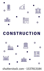 Construction integrated thin line symbols. Modern linear style vector concept, with connected flat design icon. Abstract background illustration for build, industry, architectural, engineering concept