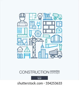 Construction integrated thin line symbols. Modern linear style vector concept, with connected flat design icon. Abstract background illustration for build, industry, architectural, engineering concept