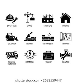 Símbolos internacionales de la construcción, iconos planos simples del vector del diseño en un fondo blanco