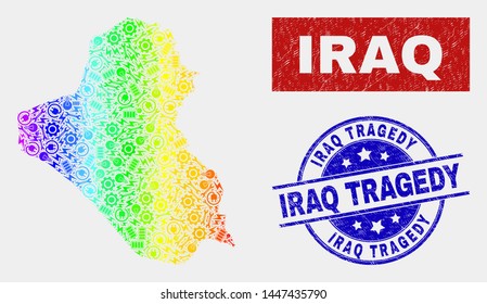 Construction Iraq map and blue Iraq Tragedy distress seal stamp. Rainbow colored gradient vector Iraq map mosaic of industrial. Blue rounded Iraq Tragedy seal.