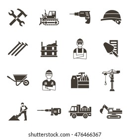 Construction isolated black icon set construction workers in uniform tools and equipment vector illustration