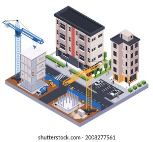 Construction isometric concept with building industry symbols vector illustration 