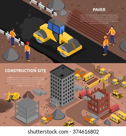 Construction isometric horizontal banners set with construction site symbols isolated vector illustration 