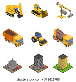 Construction Isometric Icons Set With Paver Excavator And Bulldozer Isolated Vector Illustration 