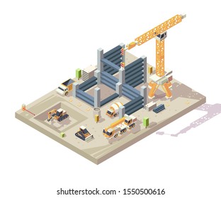 Construction isometric. Outdoor building high appartment construction workers vehicles yellow cars crane transporter excavator vector