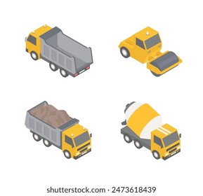 Construction isometric transport set. Concrete mixer, truck, paving machine. 